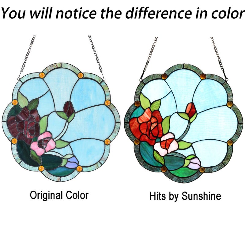 Bieye W10058 Rose Flower Tiffany Style Stained Glass Window Panel with Chain, 16-inch Wide - Image 3